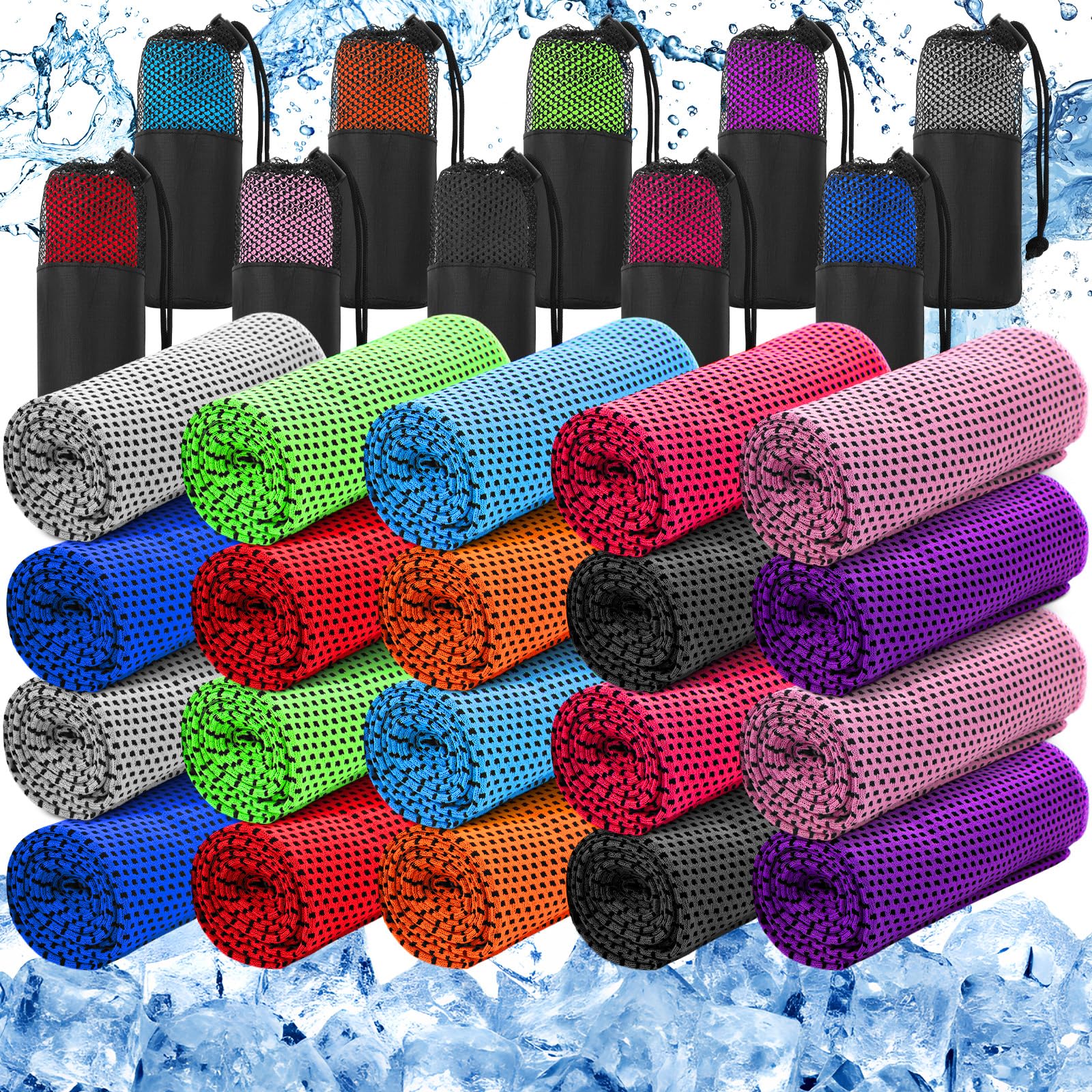 Peryiter 20 Pack Cooling Towels Bulk for Neck and Face Cooling Towel for Hot Weather Quick Dry Sweat Towel Soft Breath Portable with 20 Storage Bags for Gym Yoga Athletes Sports Fitness
